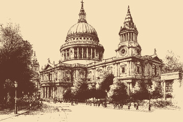 Obraz premium St. Pauls Cathedral, London, England illustration in a vintage style. This vector illustration can be used in any size you like for advertising, logos, and other work. 