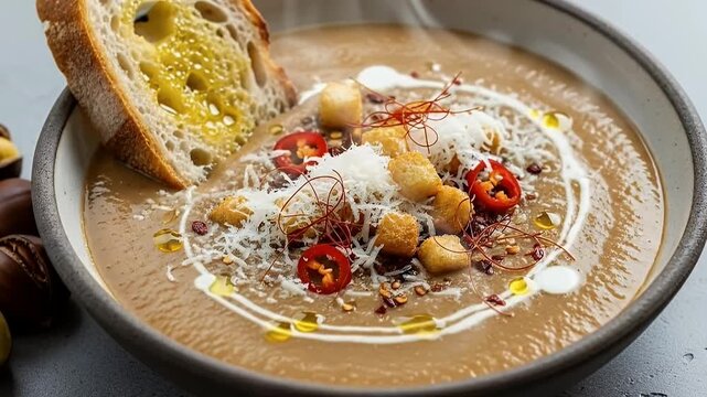 A close-up shot beautifully captures a steaming bowl of rich, creamy soup, artfully garnished for a gourmet presentation. Golden toasted bread, drizzled with olive oil, stands proudly in the bowl, com