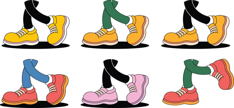 Set of Human Legs and Feet Wearing Colorful Shoes and Sneakers in Various Walking and Standing Positions