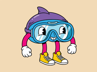 Cartoon shark character wearing scuba diving mask and fins.