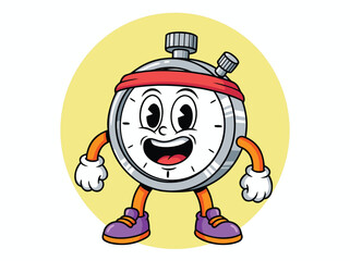 Cartoon Stopwatch Character with a Red Headband and Sneakers.