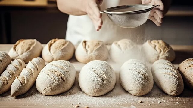A close-up shot captures skilled hands meticulously sifting a fine dusting of flour over rows of freshly prepared bread dough. The rustic wooden countertop is adorned with several unbaked loaves, read