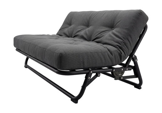 Futon sofa bed with a foldable metal frame.