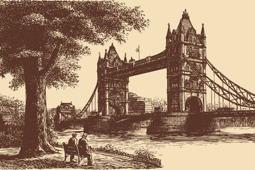 Obraz premium Tower Bridge, England illustration in a vintage style. This vector illustration can be used in any size you like for advertising, logos, and other work. 