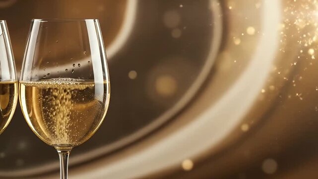 A close-up shot features an elegant glass filled with a sparkling golden effervescent beverage, with delicate bubbles continually rising to the surface. The background is beautifully blurred with warm