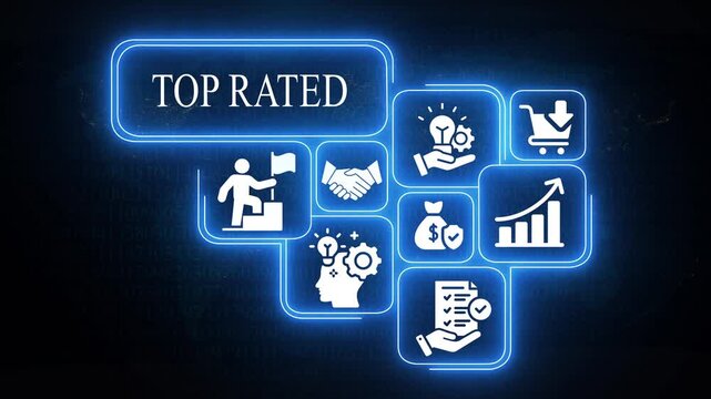 Glowing Neon Icons Representing Business Success and Top Rated Status on a Dark Digital Background image