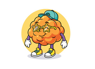 Cool cartoon brain character wearing star glasses and a baseball cap.