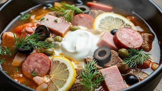 A close-up, top-down view captures a steaming, vibrant bowl of gourmet soup, brimming with an appetizing array of savory meats, sliced sausage, and tender beef. It's artfully combined with green and b