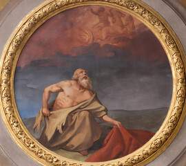 Obraz premium VIGEVANO, ITALY - JANUARY 18, 2026: The detail of ceiling fresco of Prophets Elisha and Elijah ascending into Heaven in the chariot of fire in the Cathedral of St. Ambrose by Francesco Gonin (1858).