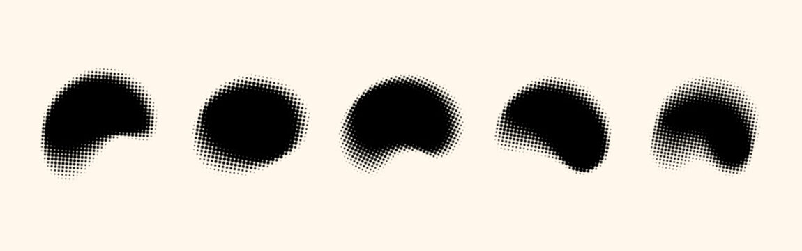 Irregular blobs with halftone texture. Halftone organic shapes collection.