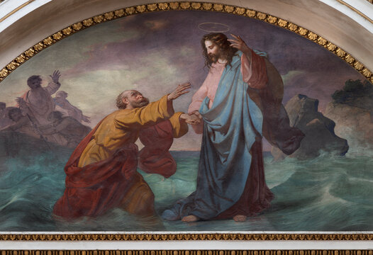 VIGEVANO, ITALY - JANUARY 18, 2026: The fresco of Peter, walking on water toward Jesus the Cathedral of St. Ambrose by Mauro Conconi (1840).