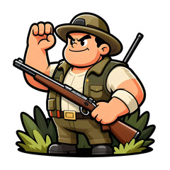 Fototapeta premium A burly hunter with a rifle. Dressed in hunting clothes. Cartoon mascot, illustration, clean lines, flat design, modern, high quality