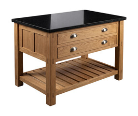 Fototapeta premium Compact wooden kitchen island with a granite countertop.
