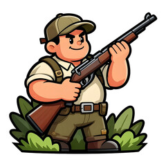 Fototapeta premium A burly hunter with a rifle. Dressed in hunting clothes. Cartoon mascot, illustration, clean lines, flat design, modern, high quality