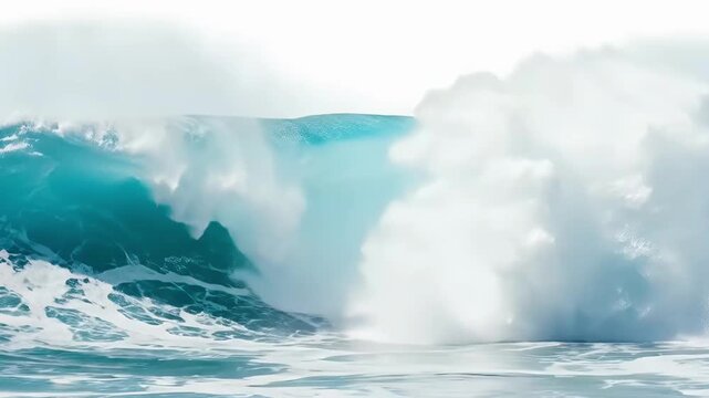 A majestic ocean wave crashes with immense power and elegance, showcasing the dynamic force of nature. The vibrant turquoise and deep blue waters curl and break, creating a spectacular barrel shape to