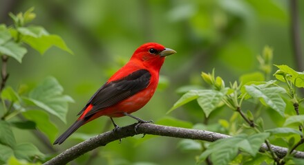 A vibrant red bird perched on a branch, surrounded by lush green foliage
