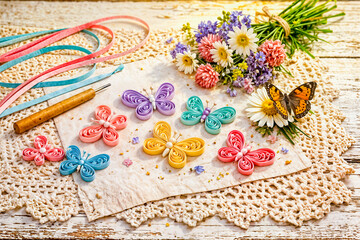 Colorful Paper Quilling Butterflies with Spring Craft Materials