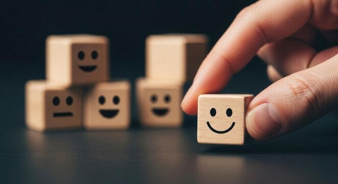 a hand holding a wooden cube with a smiley face and other cubes with various facial expressions