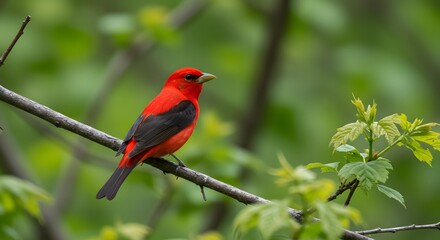 A vibrant red bird with black wings perches on a branch with green leaves