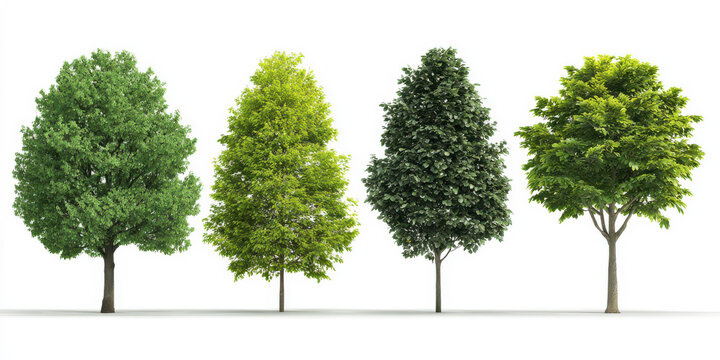 Four Isolated Trees on White: Green, Diverse, Nature Collection for Design Projects