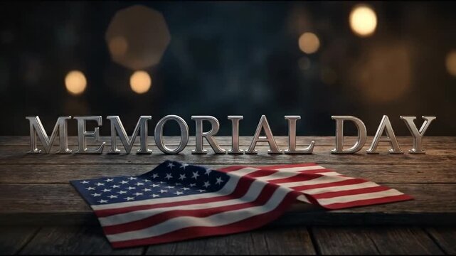 Silver Memorial Day text and American flag on rustic wooden table with bokeh background