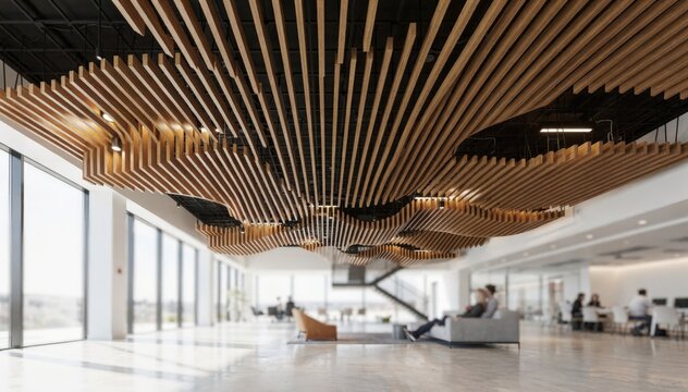 Medium shot of linear wooden acoustic ceiling baffles arranged in a sleek orderly design enhancing sound quality in a spacious modern room. Medium shot capturing curved wooden