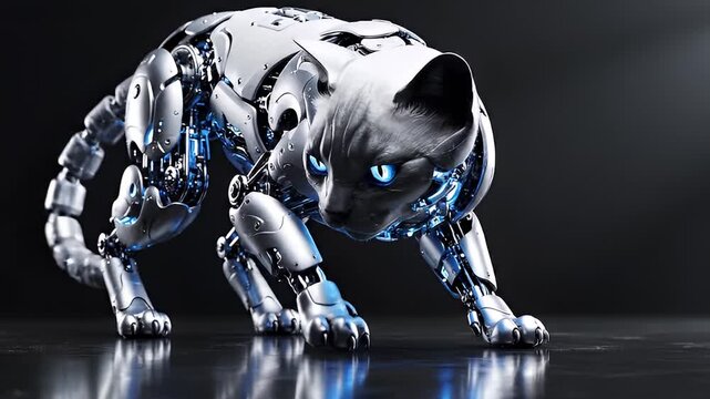 Futuristic robotic cat with glowing blue lights and silver armor