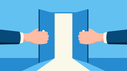 Obraz premium businessman hands opening double doors to a bright light, concept of new opportunity, future success, and finding a solution