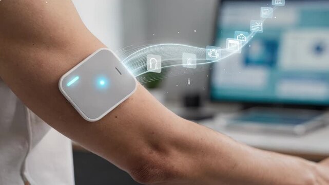 Medium shot of a wearable smart patch sensor on an arm the outoffocus background enhancing the flow of data used for customizing volunteer checkin schedules.