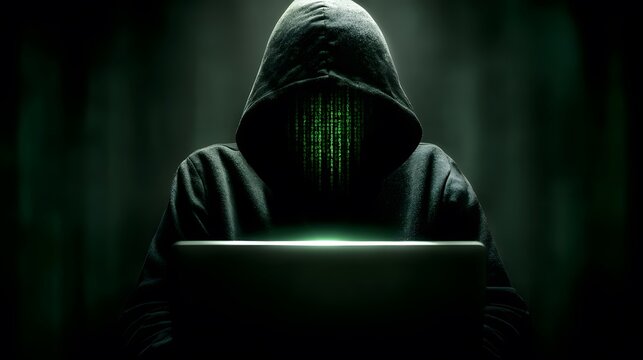 Mysterious hacker in a black hoodie sitting in the dark in front of a laptop with green matrix code reflected on their face and moody light.