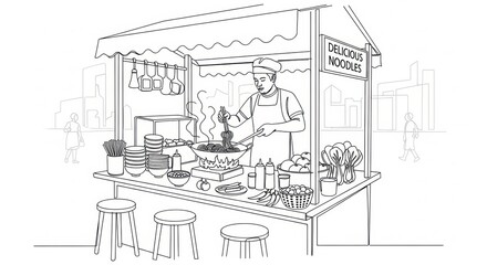 Naklejka premium Street Food Vendor Cooking Noodles at Outdoor Stall