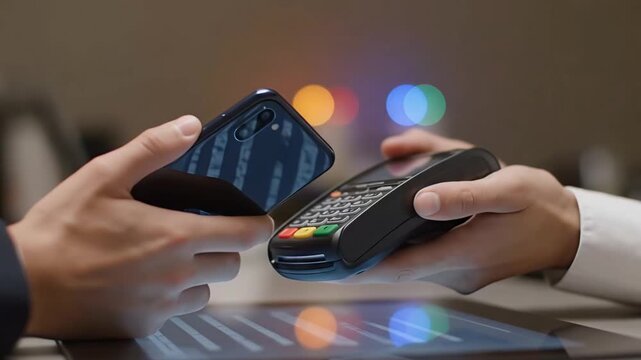 Close up of customer hand paying with mobile phone contactless NFC payment at terminal in store shopping checkout