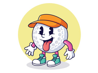 Funny cartoon golf ball character wearing a visor and sneakers.