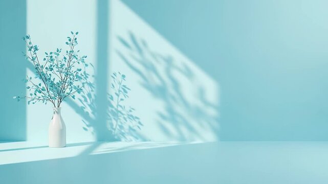 A serene and minimalist studio shot captures a graceful white vase holding delicate leafy branches, set against a soft, light blue wall and floor. Gentle, natural light casts dynamic, dancing shadows 