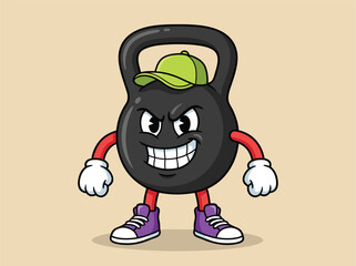 Funny cartoon kettlebell character wearing a green cap and purple sneakers.