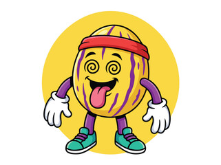 Funny cartoon melon character with dizzy eyes and tongue out.