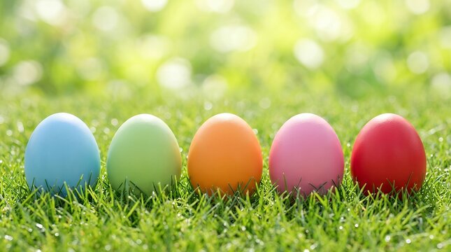 Five brightly colored Easter eggs are arranged in a row on fresh green grass with a soft blurred background of sunlight filtering through leaves painted colorful spring holiday celebration