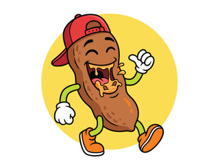 Funny cartoon peanut character wearing a red cap and sneakers, with a happy expression and dripping sauce.
