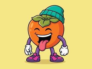 Funny cartoon persimmon character wearing a beanie and sticking out its tongue.