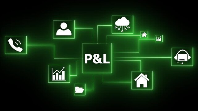 Cloud P&L network diagram with glowing neon icons for business growth customer service teamwork and cyber security on black background.4K Animation motion video.
