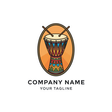 Colorful Djembe Drum with Drumsticks Logo.