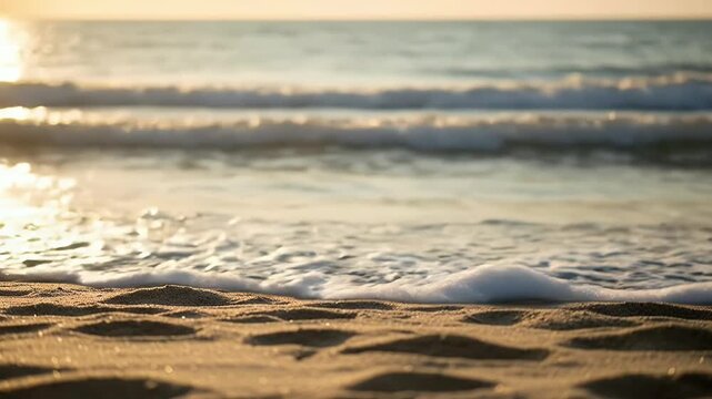 A serene, low-angle shot captures the tranquil beauty of a sun-drenched sandy beach. The foreground is filled with golden, textured sand, dotted with delicate seashells and small pieces of natural dri