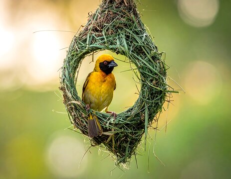 A vibrant yellow weaver bird perched inside its meticulously woven hanging nest