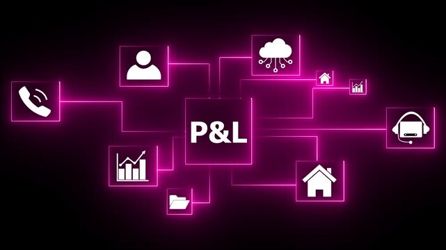 Cloud P&L network diagram with glowing neon icons for business growth customer service teamwork and cyber security on black background.4K Animation motion video.