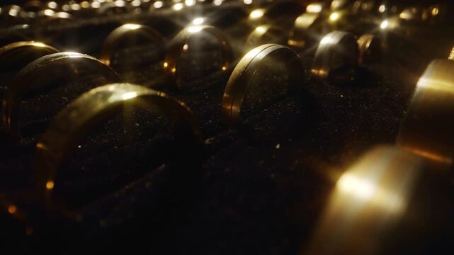 Camera sliding over rows of luxury gold wedding rings in a display box.