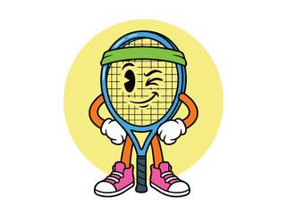 Funny cartoon tennis racket character winking.