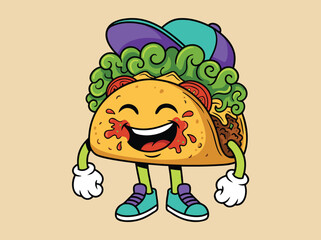 Funny Cartoon Taco Character Wearing a Hat and Sneakers.