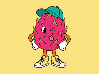 Funny Dragon Fruit Character Wearing a Cap and Sneakers.