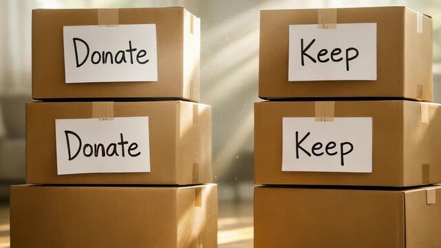 Two piles of cardboard boxes with handwritten labels reading donate and keep sit on a wooden floor, illuminated by sun rays, representing the process of decluttering and organizing a home