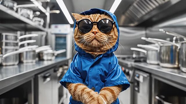 Red tabby cat in a blue raincoat and orange glasses in a kitchen